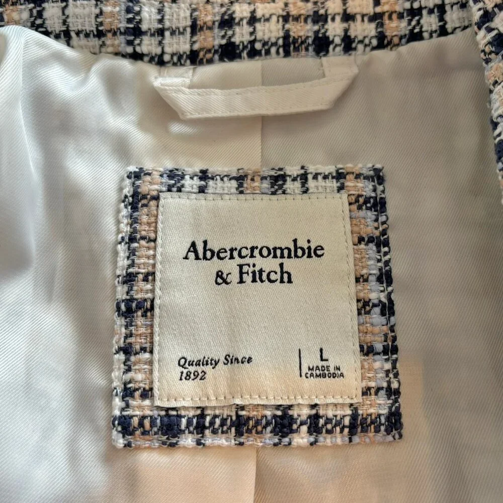 Abercrombie & Fitch White, Tan & Blue Plaid Textured Cropped Blazer - Size L - Picture 4 of 6